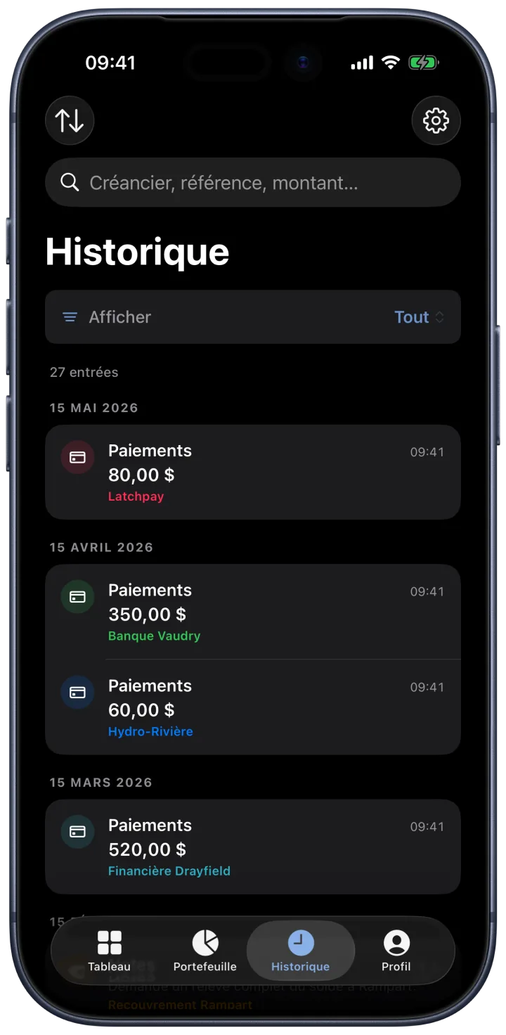 Une chronologie datée de chaque changement apporté à une dette.